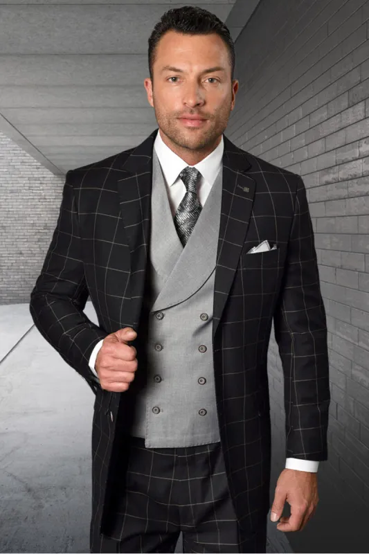 Men's Designer Two Button Vested Wool & Cashmere Suit in Black & Grey Windowpane Plaid sold by Alberto Nardoni