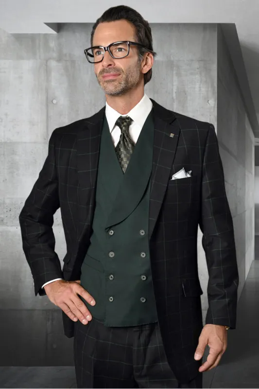 Men's Designer Two Button Vested Wool & Cashmere Suit in Black & Hunter Green Windowpane Plaid sold by Alberto Nardoni
