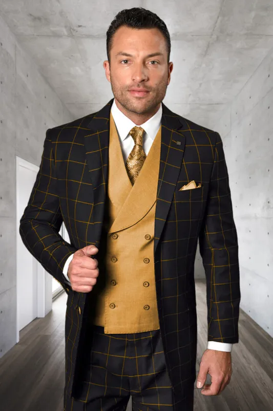 Men's Designer Two Button Vested Wool & Cashmere Suit in Black & Taupe Windowpane Plaid sold by Alberto Nardoni