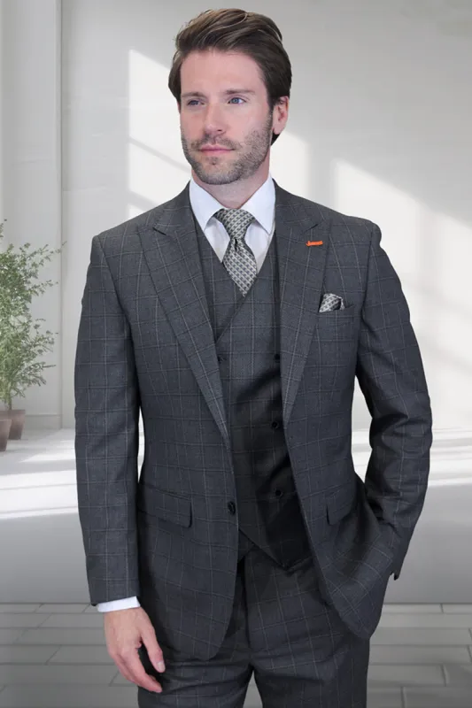 Men's Designer Vested One Button Peak Lapel Wool Suit in Charcoal Windowpane Plaid sold by Alberto Nardoni
