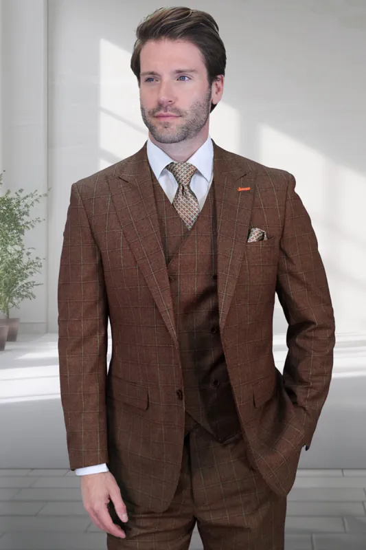 Men's Designer Vested One Button Peak Lapel Wool Suit in Copper Windowpane Plaid sold by Alberto Nardoni