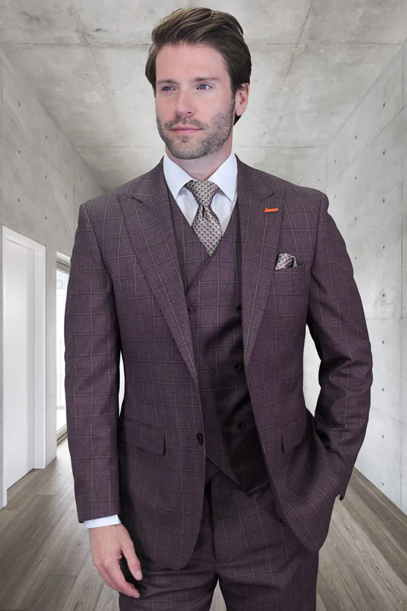 Men's Designer Vested One Button Peak Lapel Wool Suit in Eggplant Windowpane Plaid sold by Alberto Nardoni