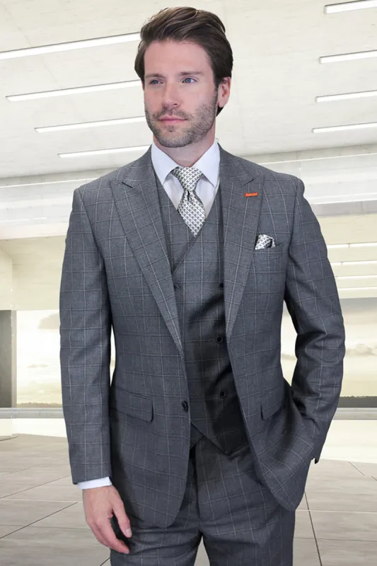 Men's Designer Vested One Button Peak Lapel Wool Suit in Grey Windowpane Plaid sold by Alberto Nardoni