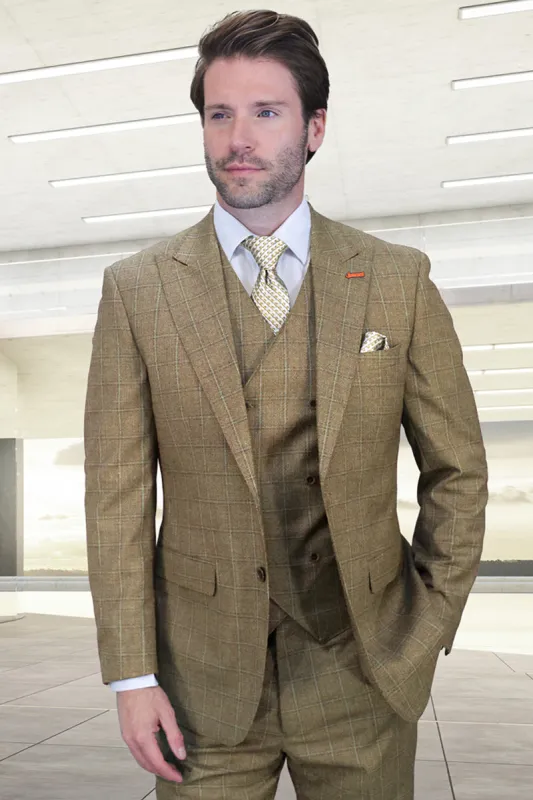 Men's Designer Vested One Button Peak Lapel Wool Suit in Tan Windowpane Plaid sold by Alberto Nardoni