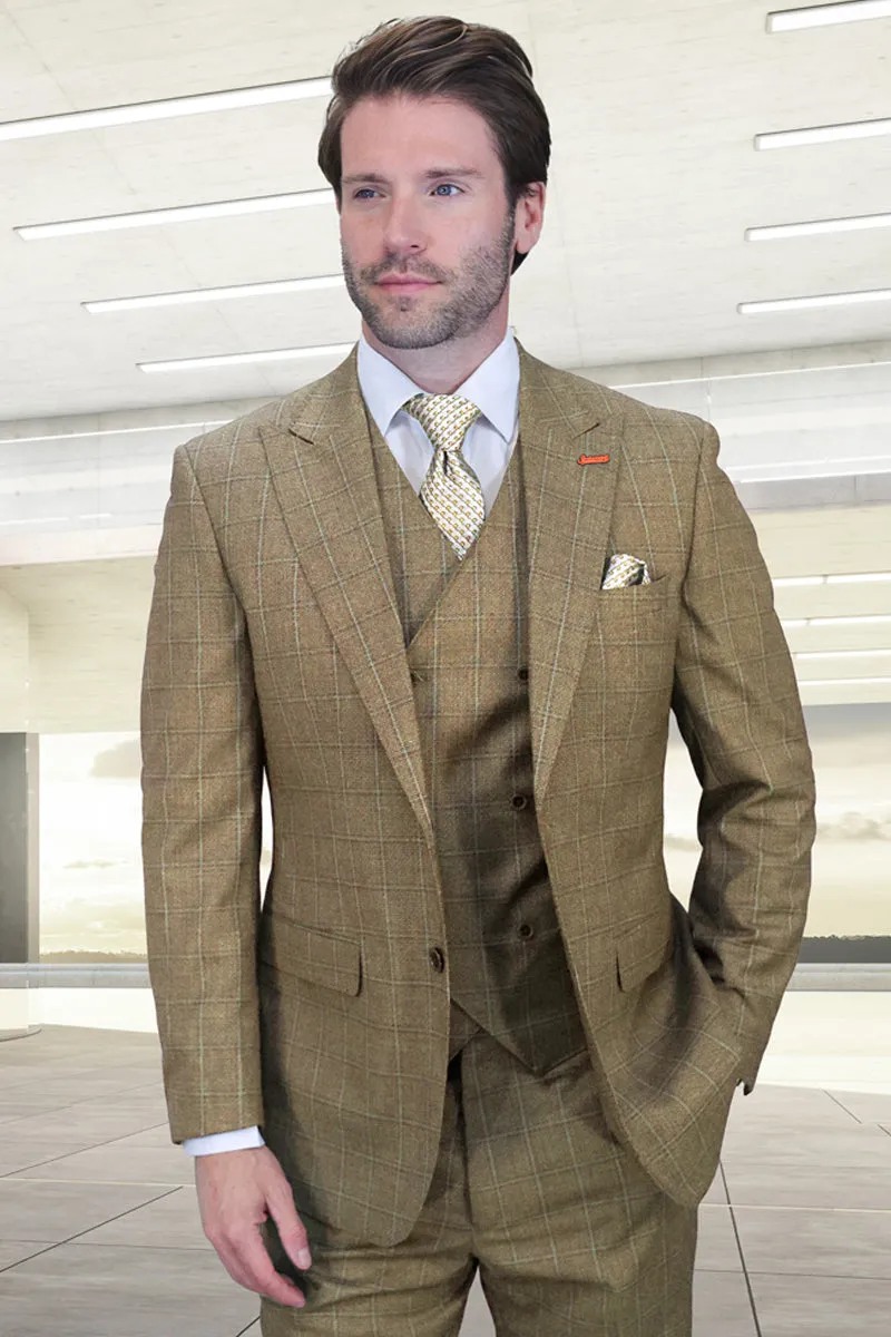 Men's Designer Vested One Button Peak Lapel Wool Suit in Tan Windowpane Plaid sold by Alberto Nardoni