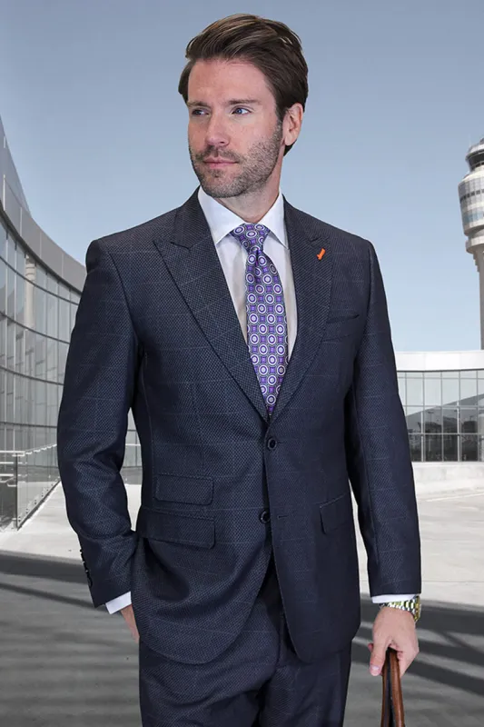 Men's Designer Two Button Peak Lapel Wool Suit in Dark Grey Windowpane Plaid sold by Alberto Nardoni