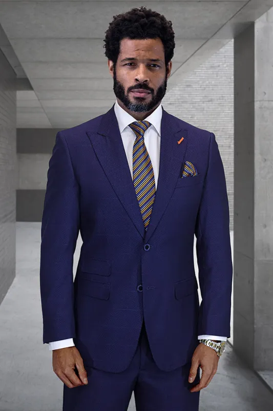 Men's Designer Two Button Peak Lapel Wool Suit in Navy Blue Windowpane Plaid sold by Alberto Nardoni