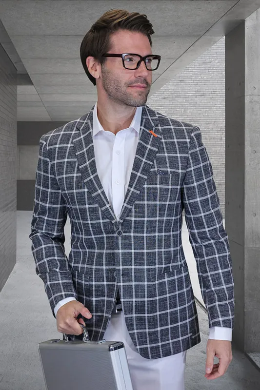 Men's Modern Fit Patch Pocket Designer Wool Summer Blazer in Black Windowpane Plaid sold by Alberto Nardoni