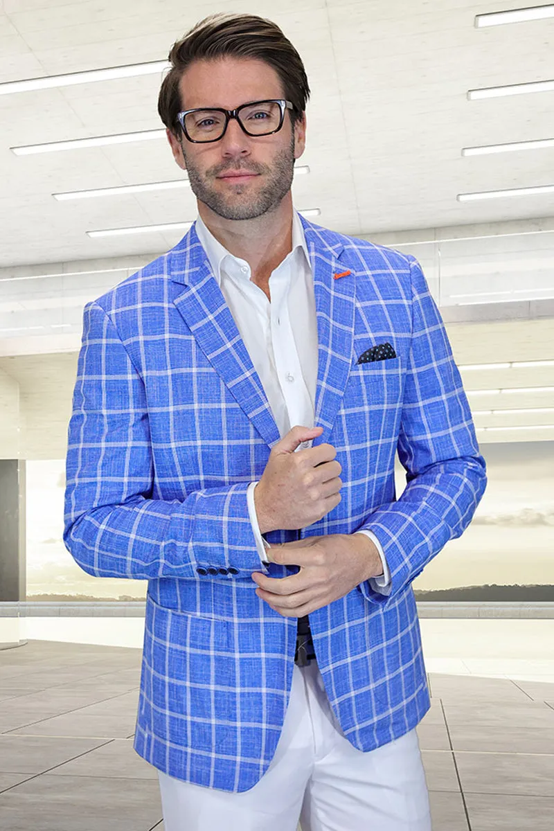 Men's Modern Fit Patch Pocket Designer Wool Summer Blazer in Steel Blue Windowpane Plaid sold by Alberto Nardoni