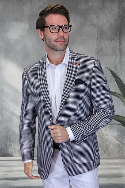 Men's Modern Fit Patch Pocket Designer Wool Summer Blazer in Black Windowpane sold by Alberto Nardoni