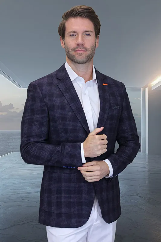 Men's Modern Fit Patch Pocket Designer Wool Summer Blazer in Black Plaid sold by Alberto Nardoni