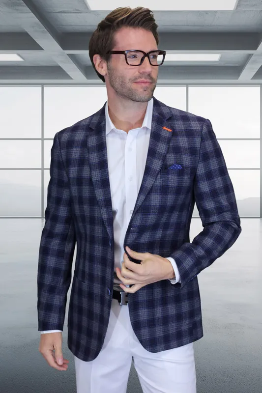 Men's Modern Fit Patch Pocket Designer Wool Summer Blazer in Grey Plaid Check sold by Alberto Nardoni