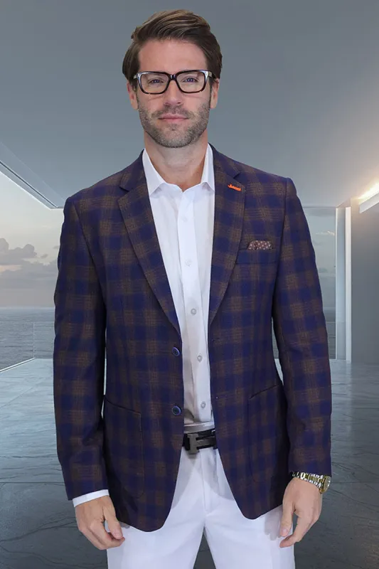 Men's Modern Fit Patch Pocket Designer Wool Summer Blazer in Navy Windowpane Plaid sold by Alberto Nardoni
