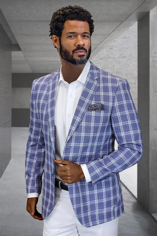 Men's Modern Fit Patch Pocket Designer Wool Summer Blazer in Blue Windowpane Plaid sold by Alberto Nardoni