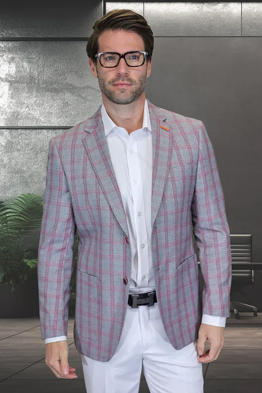 Men's Modern Fit Patch Pocket Designer Wool Summer Blazer in Grey Plaid sold by Alberto Nardoni