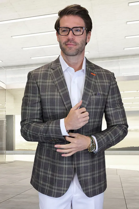Men's Modern Fit Patch Pocket Designer Wool Summer Blazer in Brown Windowpane Plaid sold by Alberto Nardoni