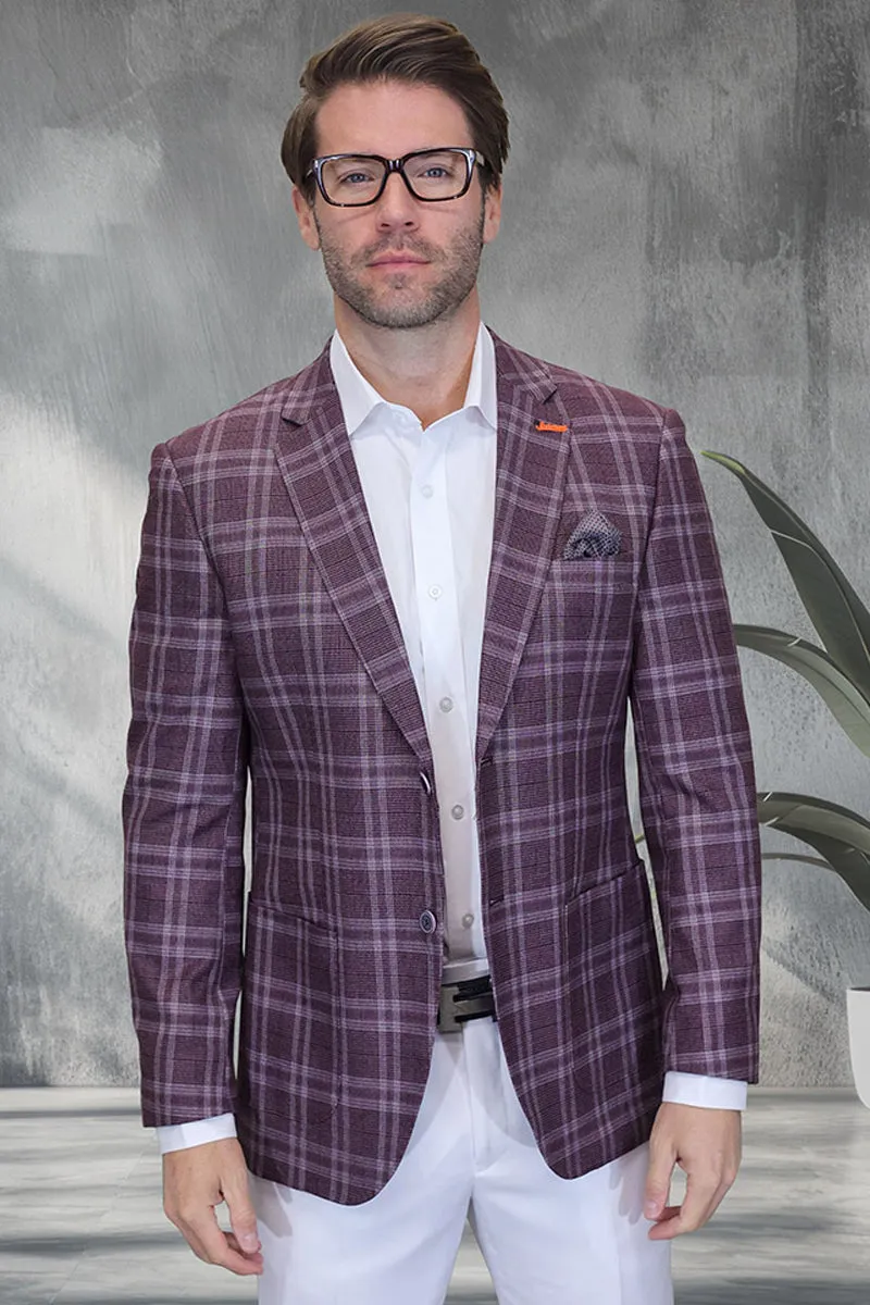 Men's Modern Fit Patch Pocket Designer Wool Summer Blazer in Burgundy Windowpane Plaid sold by Alberto Nardoni