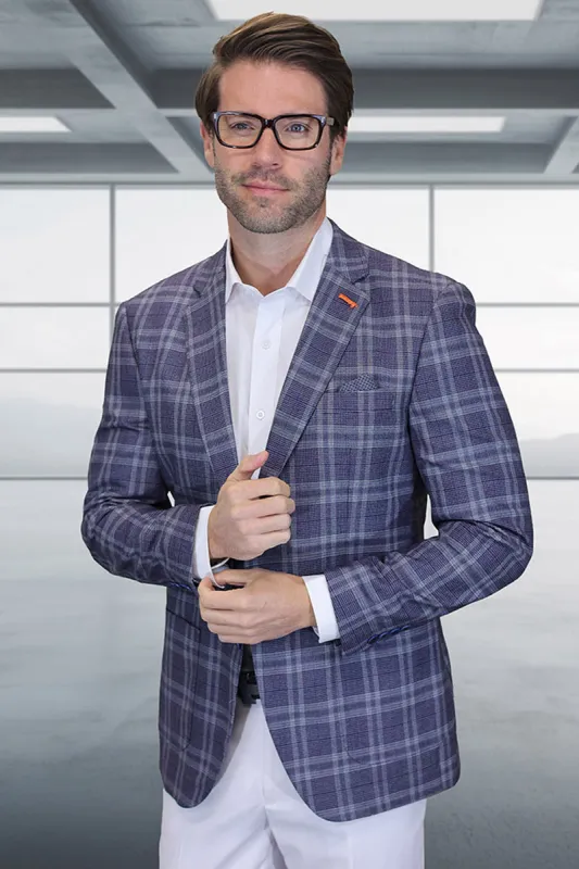 Men's Modern Fit Patch Pocket Designer Wool Summer Blazer in Eggplant Windowpane Plaid sold by Alberto Nardoni