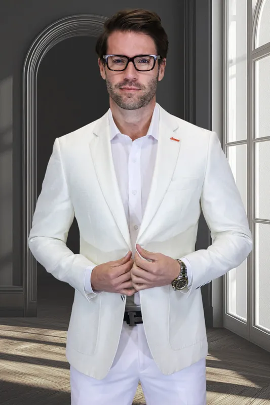 Men's Modern Fit Patch Pocket Designer Wool Summer Blazer in Ivory Windowpane Plaid sold by Alberto Nardoni