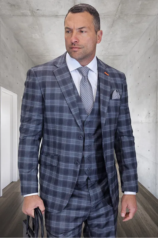 Men's Designer Two Button Modern Fit Vested Wool Suit in Charcoal Glen Plaid sold by Alberto Nardoni