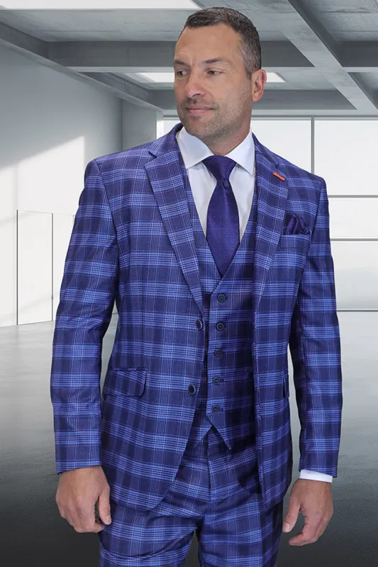 Men's Designer Two Button Modern Fit Vested Wool Suit in Indigo Blue Glen Plaid sold by Alberto Nardoni