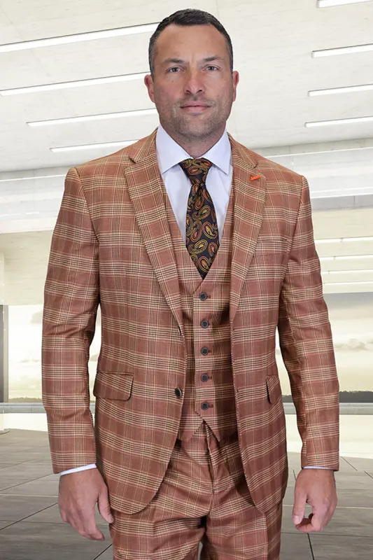 Men's Designer Two Button Modern Fit Vested Wool Suit in Rust Glen Plaid sold by Alberto Nardoni