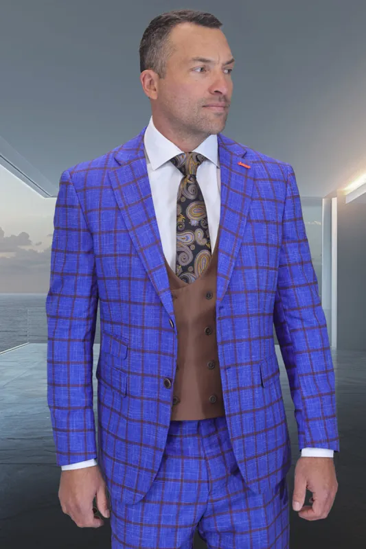Men's Designer Two Button Wool Suit with Double Breasted Scoop Vest in Sapphire Blue Windowpane sold by Alberto Nardoni