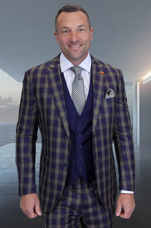 Men's Designer Modern Fit Wool Suit in Midnight Blue & Tan Plaid with Contrasting Vest made by Alberto Nardoni