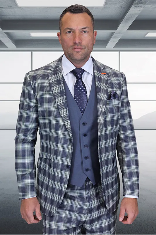 Men's Designer Modern Fit Wool Suit in Grey Plaid with Contrasting Vest sold by Alberto Nardoni
