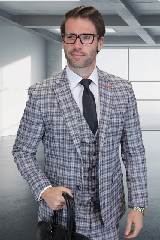 Men's Designer Modern Fit Wool Vested Suit in Black & Grey Plaid sold by Alberto Nardoni