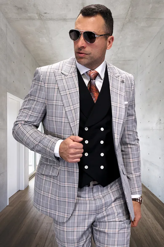 Men's Designer Wool Vested Windowpane Peak Lapel Suit in Black sold by Alberto Nardoni