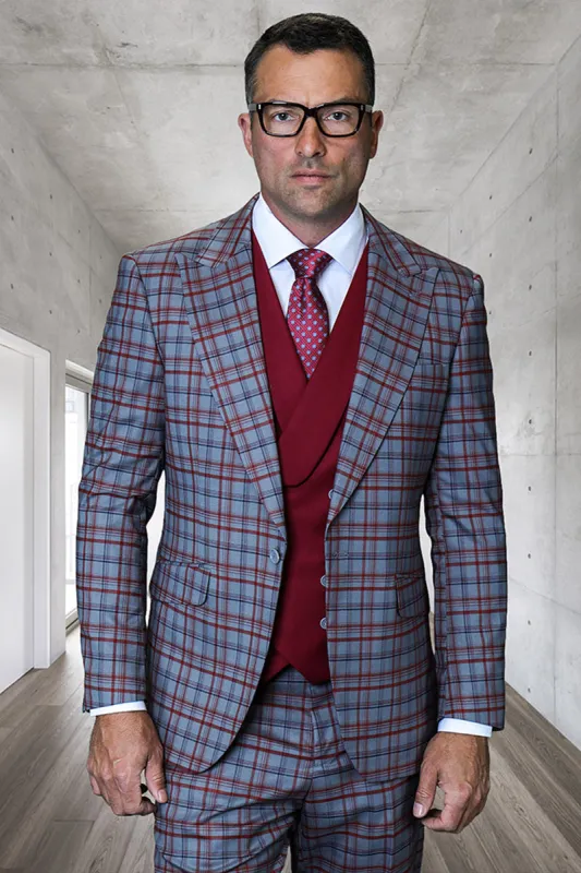 Men's Designer One Button Peak Lapel Italian Wool Suit with Double Breasted Vest in Grey Plaid made by Alberto Nardoni