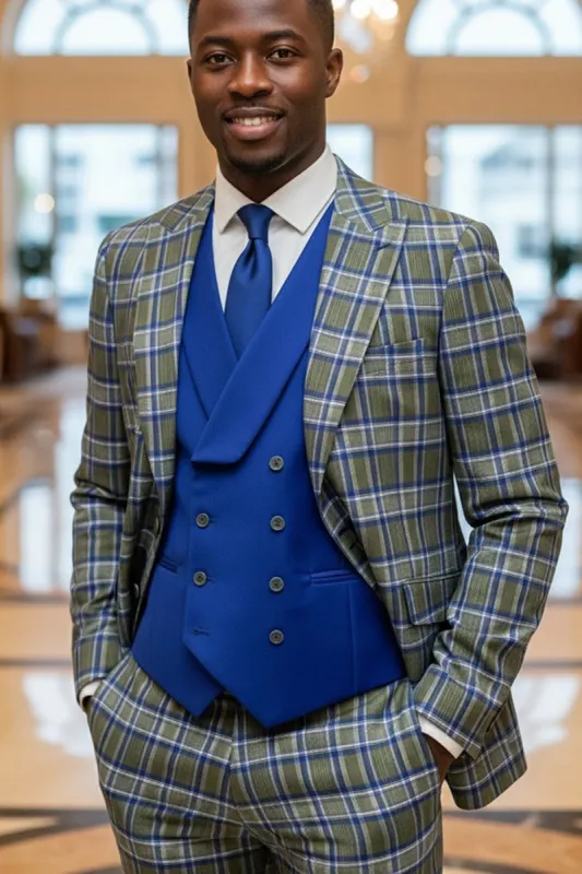 Men's Designer One Button Peak Lapel Italian Wool Suit with Double Breasted Vest in Royal Blue Plaid sold by Alberto Nardoni