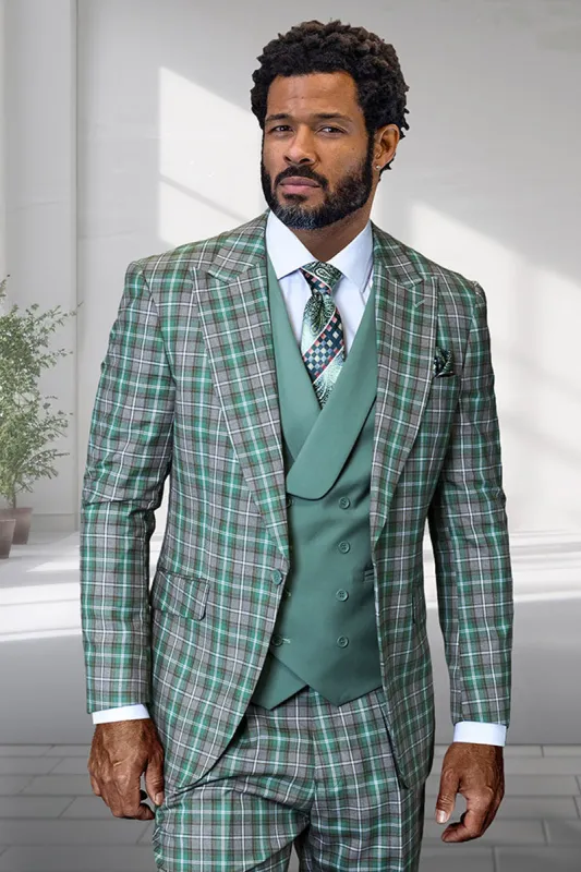 Men's Designer One Button Peak Lapel Italian Wool Suit with Double Breasted Vest in Sage Green Plaid sold by Alberto Nardoni