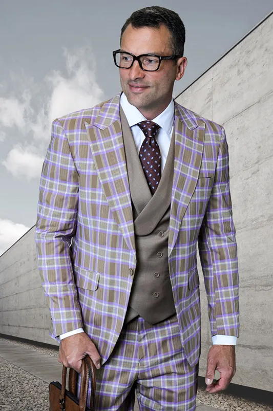 Men's Designer One Button Peak Lapel Italian Wool Suit with Double Breasted Vest in Taupe Plaid sold by Alberto Nardoni