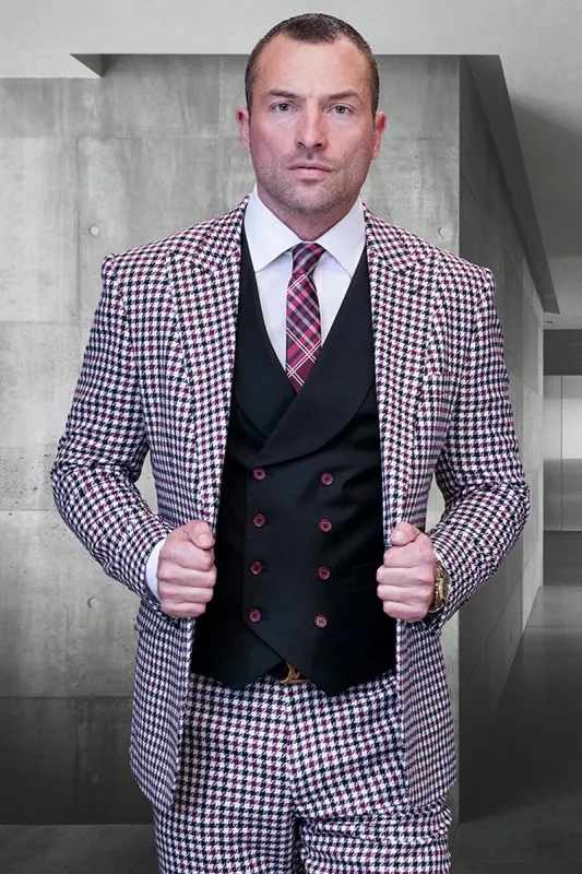 Men's Designer Wool Modern Fit Wide Peak Lapel Vested Suit in Burgundy Houndstooth Micro Plaid sold by Alberto Nardoni