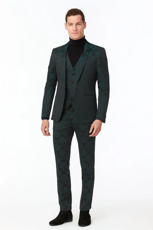 Men’s Emerald Green Floral Jacquard 3-Piece Tuxedo Suit – Slim Fit Formal Set with Blazer, Vest, and Pants Paisley Fabric - Ultra slim fitted sold by Alberto Nardoni