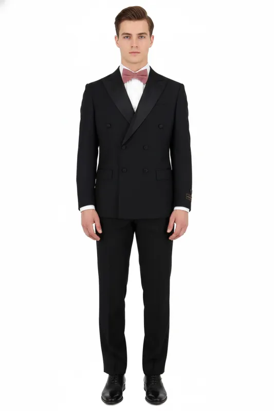 Tiglio Brand 100% Wool Super 150s Italian fabric Men’s Classic Black Double-Breasted Tuxedo with Satin Peak Lapel – Formal Wedding & Gala Suit Set sold by Alberto Nardoni