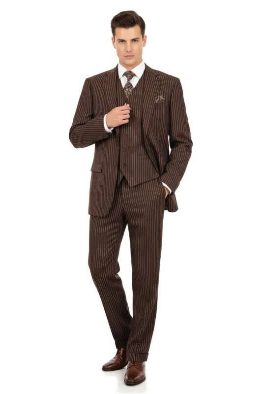 Men’s Brown Pinstripe 3-Piece Suits – Classic Business and Formal Wear with Vest sold by Alberto Nardoni