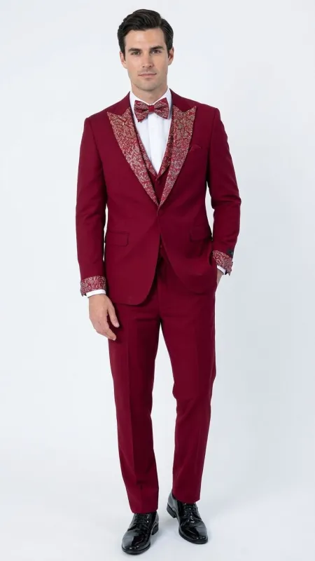 Men's Burgundy and White Embellished Tuxedo Suit – Slim Fit 3-Piece Formal Wedding, Prom, and Gala Outfit sold by Alberto Nardoni