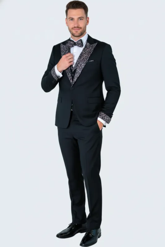 Men's Black and White Silver Embellished Tuxedo Suit + Bowtie 3-Piece Formal Wedding, Prom, and Gala Outfit sold by Alberto Nardoni
