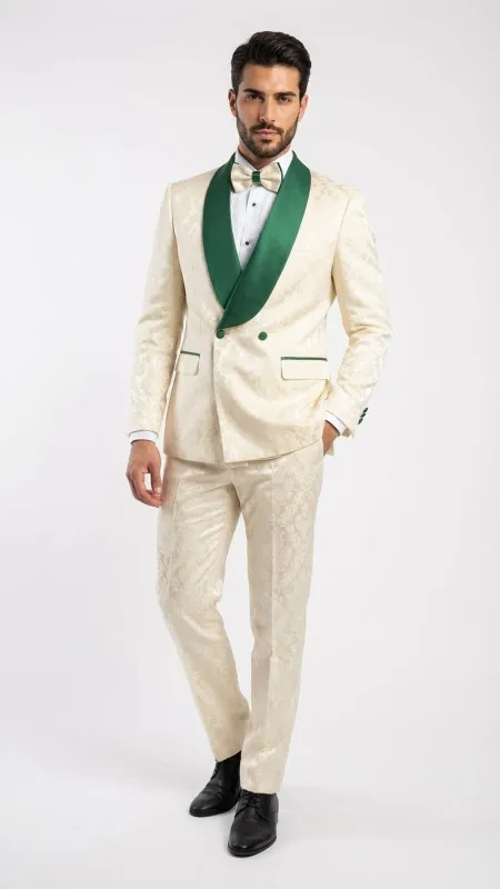 Men's Ivory and Emerald Green Jacquard Tuxedo Suit + Bowtie – 3-Piece Formal Wedding, Prom, and Gala Outfit sold by Alberto Nardoni