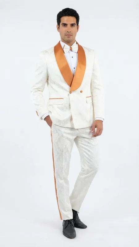 Men's Ivory and Gold Jacquard Tuxedo Suit + Bowtie – Formal Wedding, Prom, and Gala Outfit in Cream Off White color sold by Alberto Nardoni
