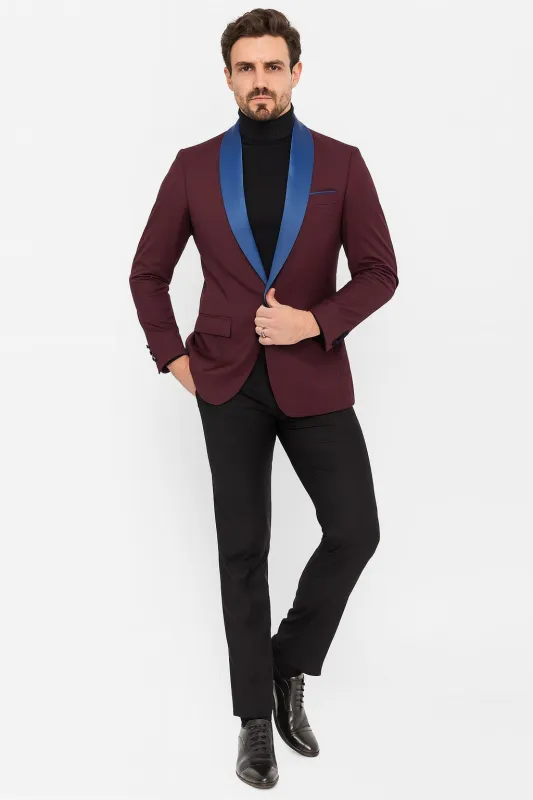 Mens Burgundy Tuxedo Dinner Jacket Blazer with Blue Satin Shawl Lapel Wedding and Party Jacket sold by Alberto Nardoni