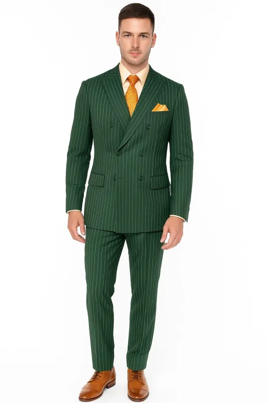 Mens Hunter Green Pinstripe Double-Breasted Suits - Bold 6-Buttons Vintage Gangster Style 1920s Look sold by Alberto Nardoni