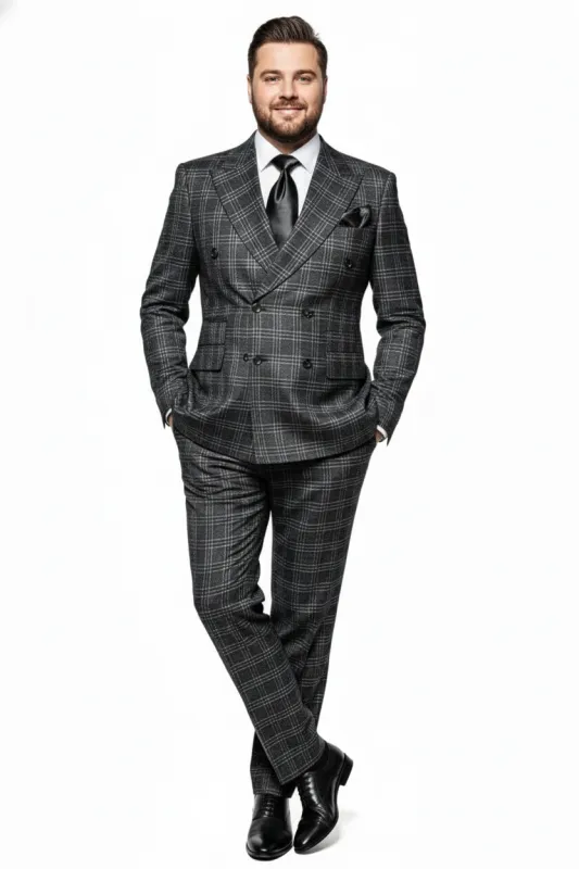 Mens Charcoal Plaid Double-Breasted Suit Tailored Pants Windowpane Pattern By Rossiman sold by Alberto Nardoni