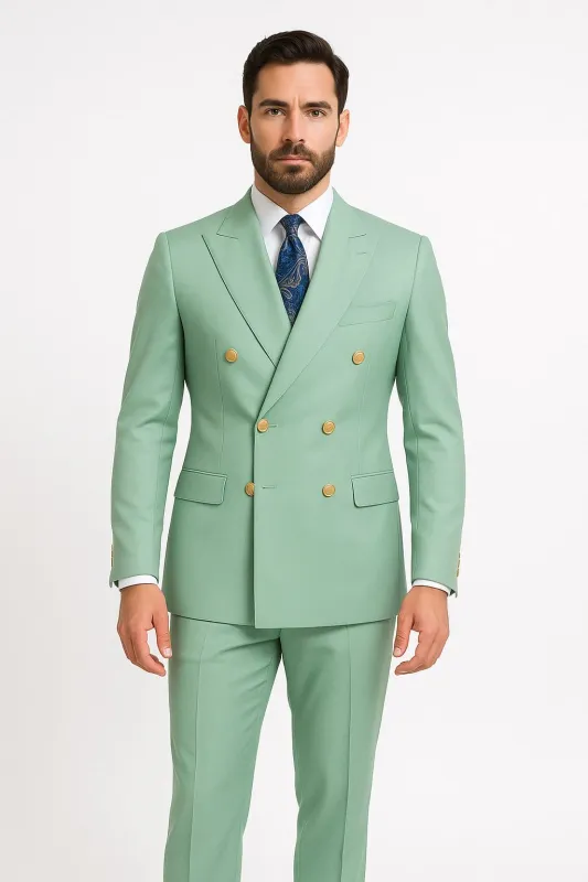Mens Sage Green Double-Breasted Suits with Gold Buttons – Formal Slim Fit 2-Piece Pistachio Color sold by Alberto Nardoni
