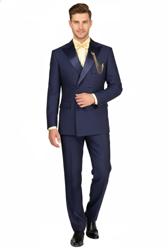Men’s Navy Blue Double-Breasted Tuxedo with navy Satin Peak Lapel Wedding Suit sold by Alberto Nardoni