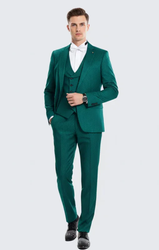 Mens Emerald Green Textured 3-Piece Suit Polk Dot Pattern Formal Wedding, Prom, and Evening Wear Outfit made by Alberto Nardoni
