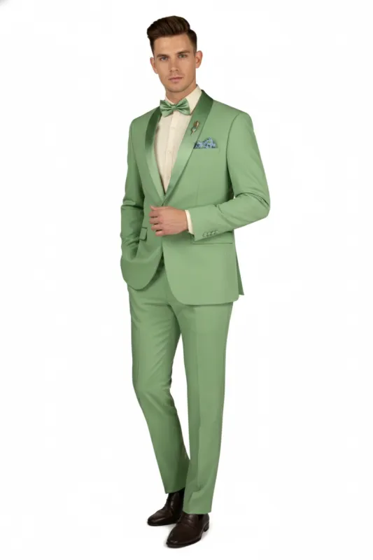Men’s Mint Green Tuxedo – 2-Piece Formal Suit with Satin Shawl Lapel and Matching Bow Tie in  Sage Green sold by Alberto Nardoni